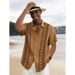 Chemise kaki à manches courtes pour homme, broderie géométrique